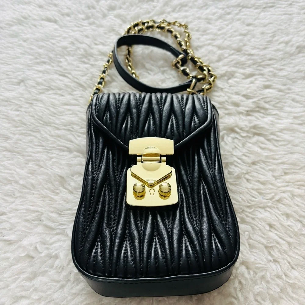 Tiffany & Fred Paris Black Quilted/Gold Small Shoulder/Crossbody Bag 7”x5”x2”
